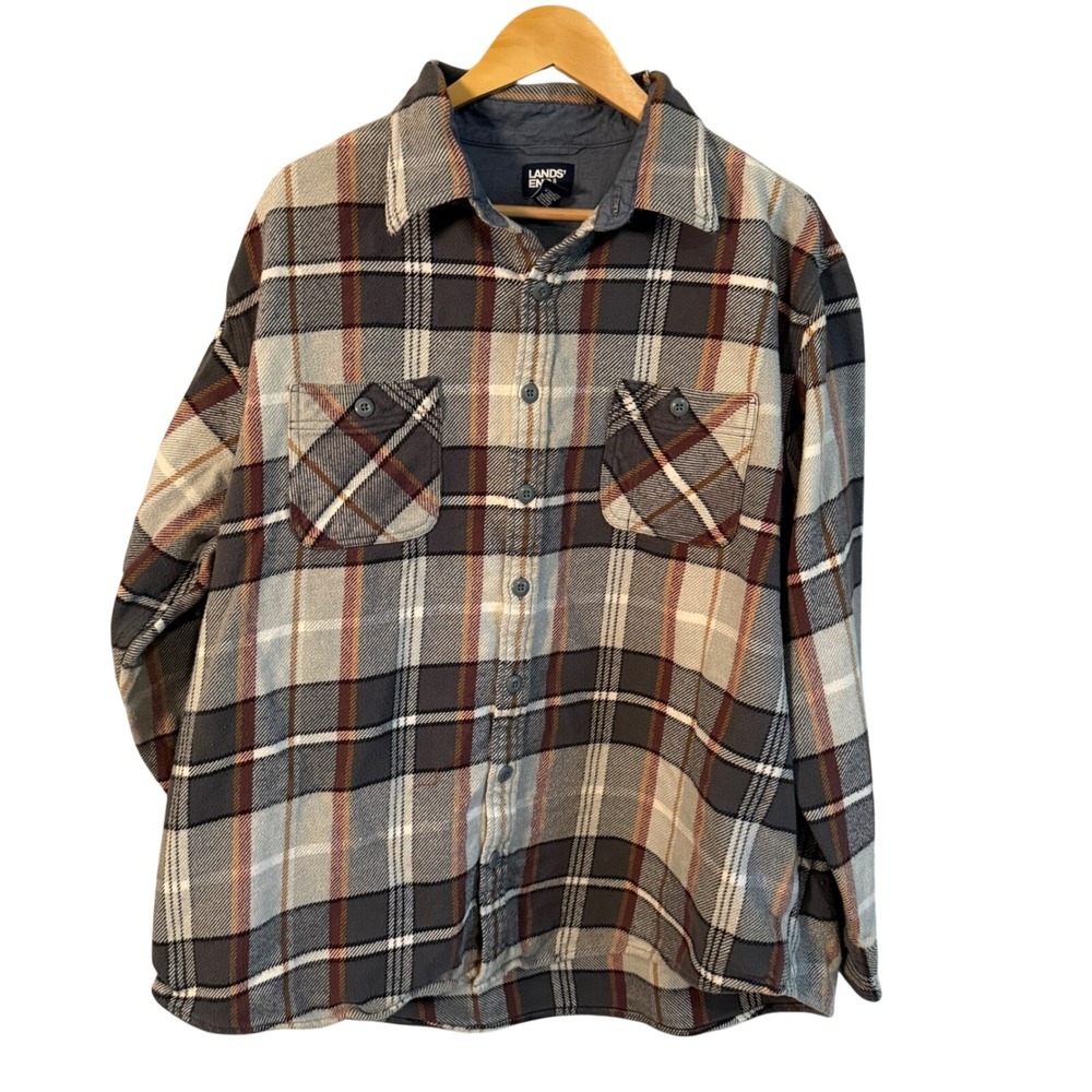 Lands End Mens 2XL Tall Flannel Shirt Plaid Heavyweight Traditional Fit Workwear
